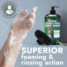 Terramed Just Think Comfort body wash with tea tree oil on a bathroom shelf