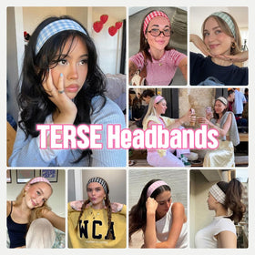 TERSE plaid headband close-up showing elastic band