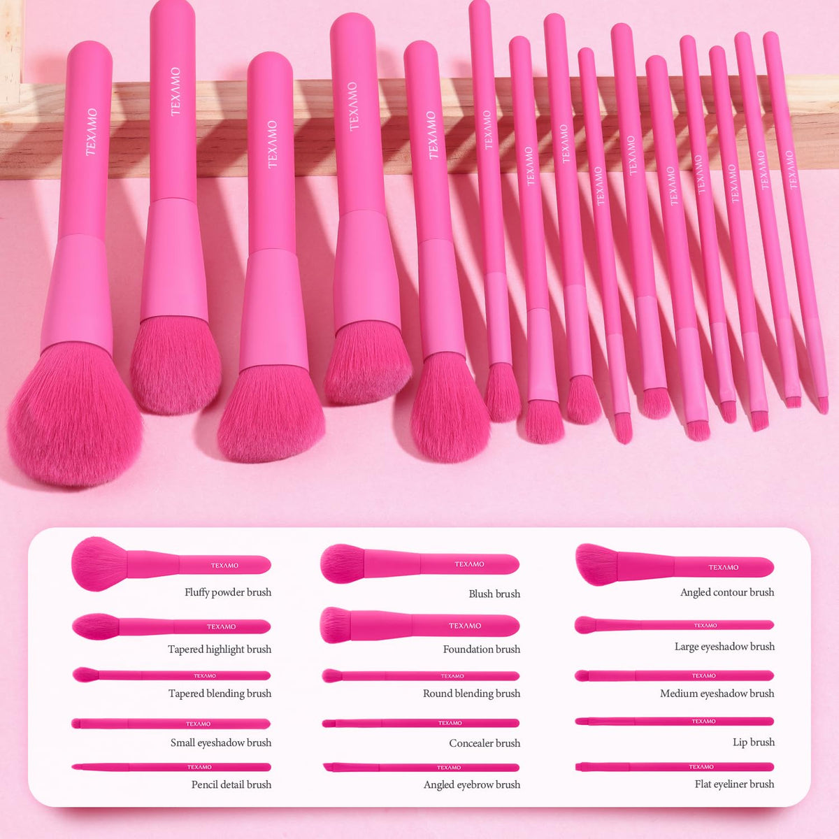 TEXAMO makeup brush set displayed with accessories