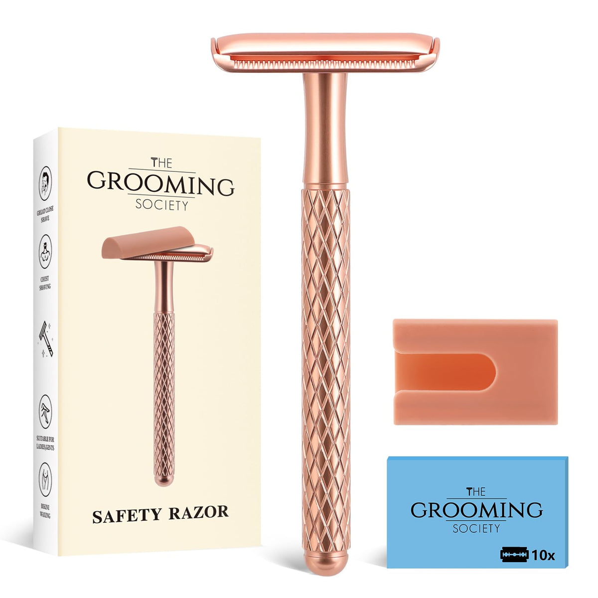 TGS Rose Gold Single Blade Razor front view with silicone cover