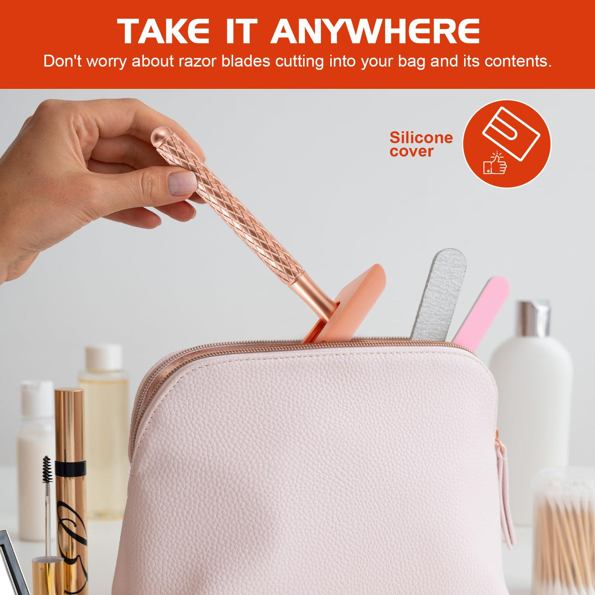 TGS Rose Gold Single Blade Razor on a bathroom counter
