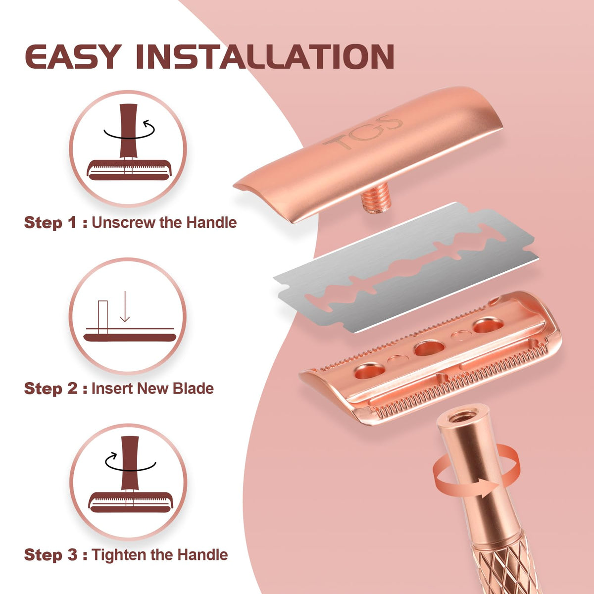 TGS Rose Gold Single Blade Razor with 10 stainless steel blades