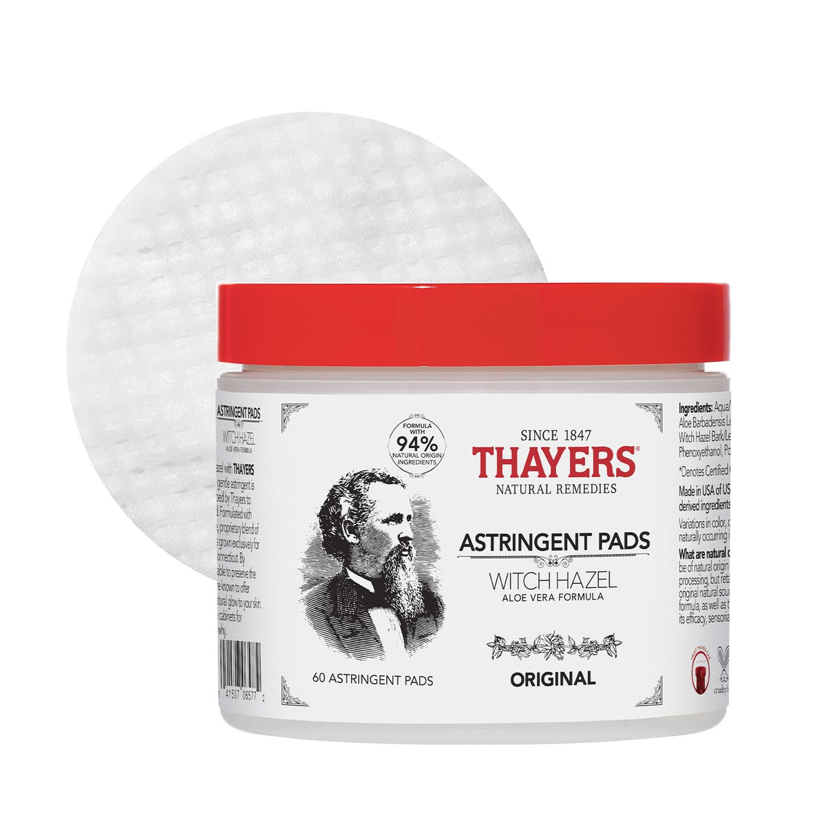 THAYERS Original Witch Hazel Astringent Pads front view with packaging