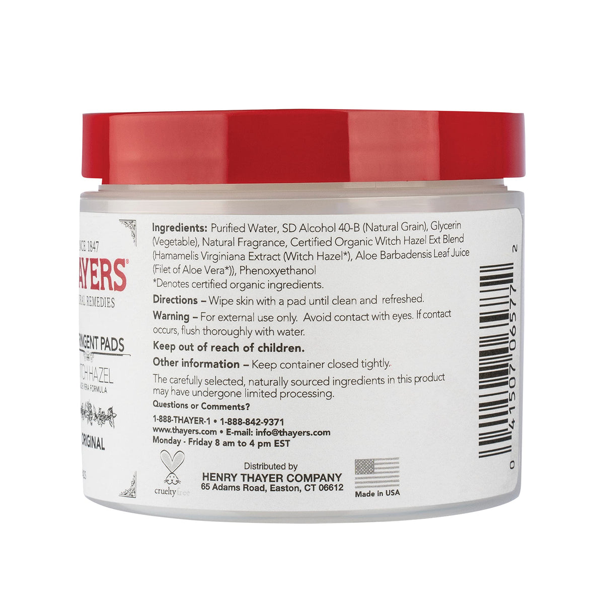THAYERS Original Witch Hazel Astringent Pads with Aloe Vera packaging details