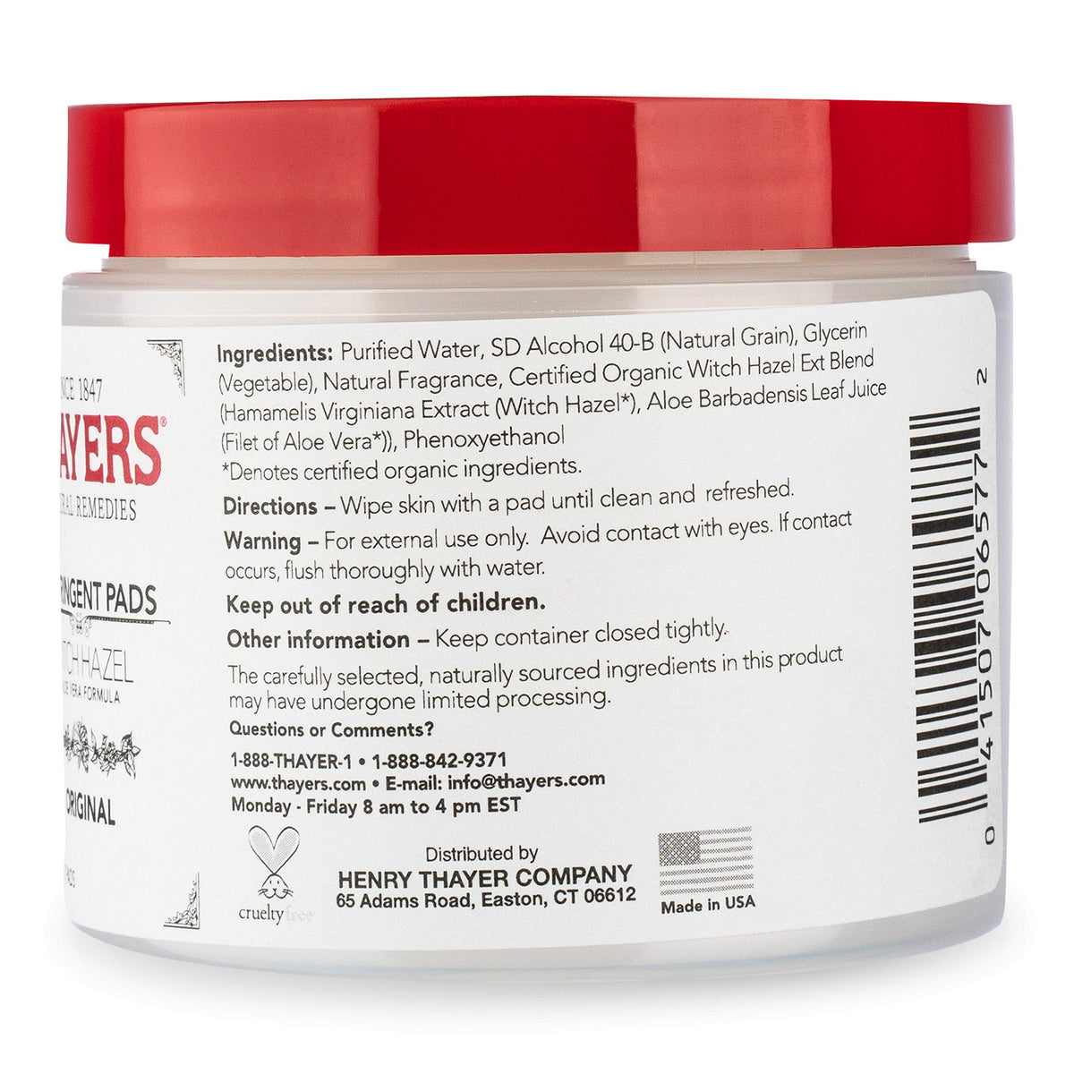 THAYERS Witch Hazel Astringent Pads showing pad texture and ingredients