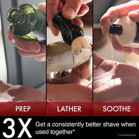 The Art of Shaving Pre-Shave Beard Oil bottle with sandalwood background