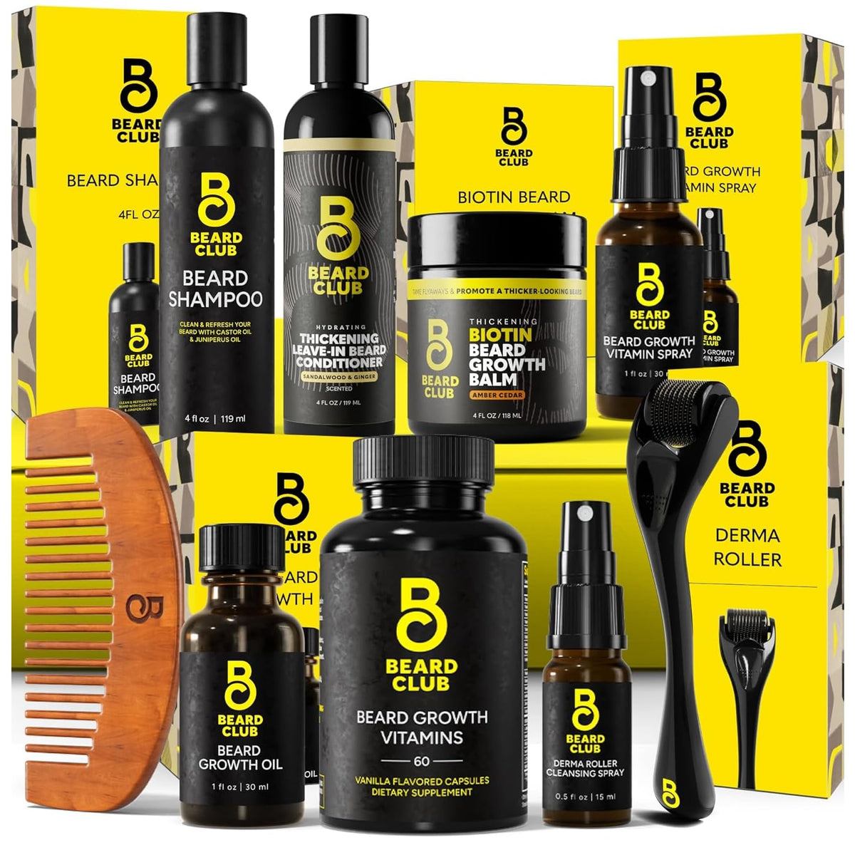 The Beard Club Beard Growth Kit with derma roller and oils