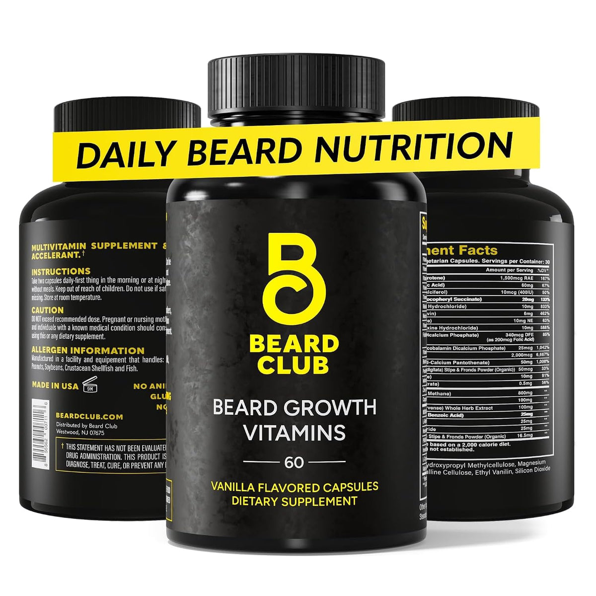 The Beard Club Beard Growth Vitamins front view with packaging