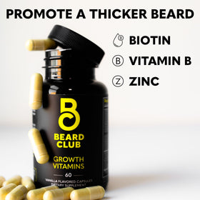The Beard Club Beard Growth Vitamins with a measuring spoon