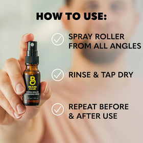 The Beard Club Derma Roller Cleansing Spray 1oz being used on a derma roller