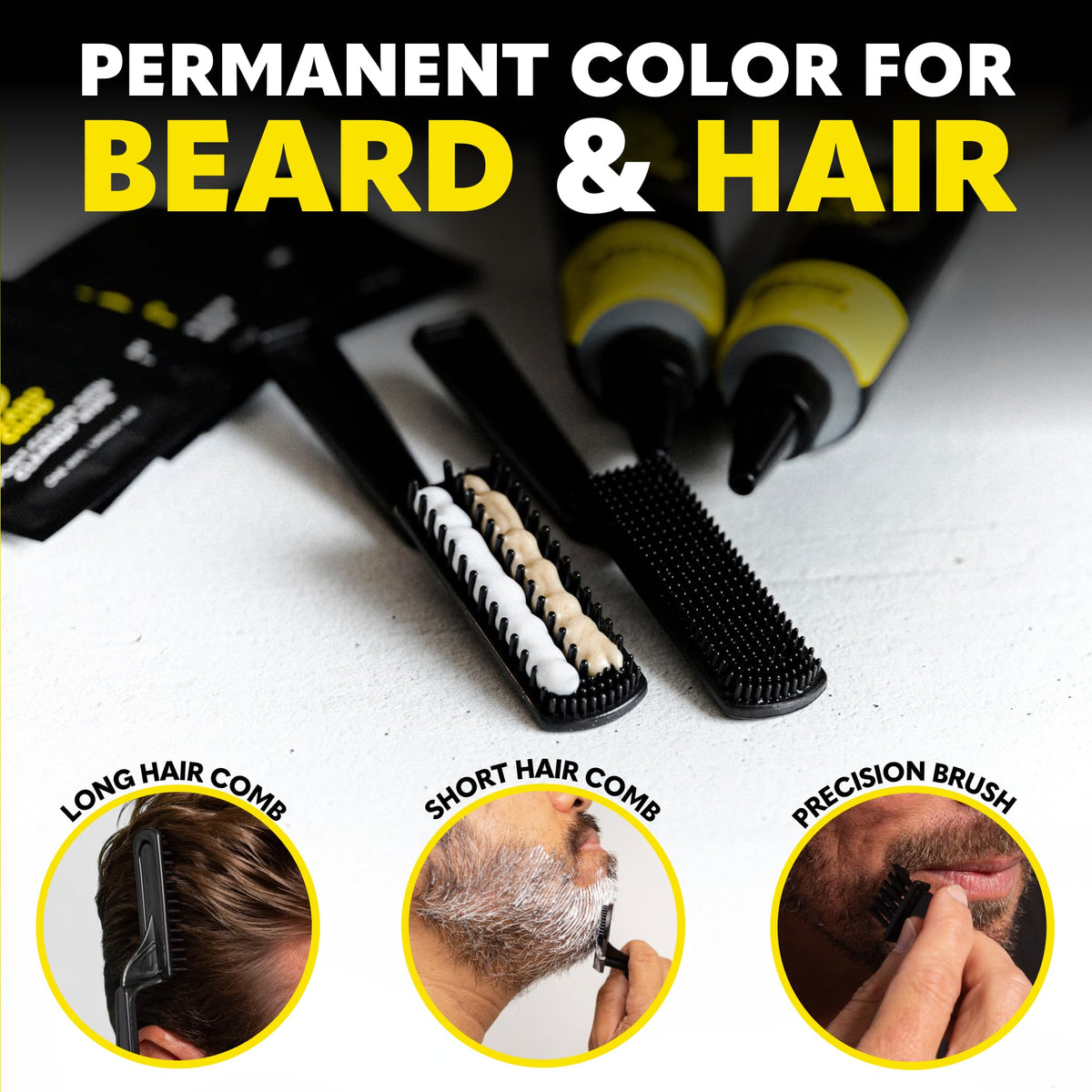 The Beard Club dye on a bathroom counter with grooming tools