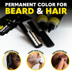 The Beard Club dye on a bathroom counter with grooming tools