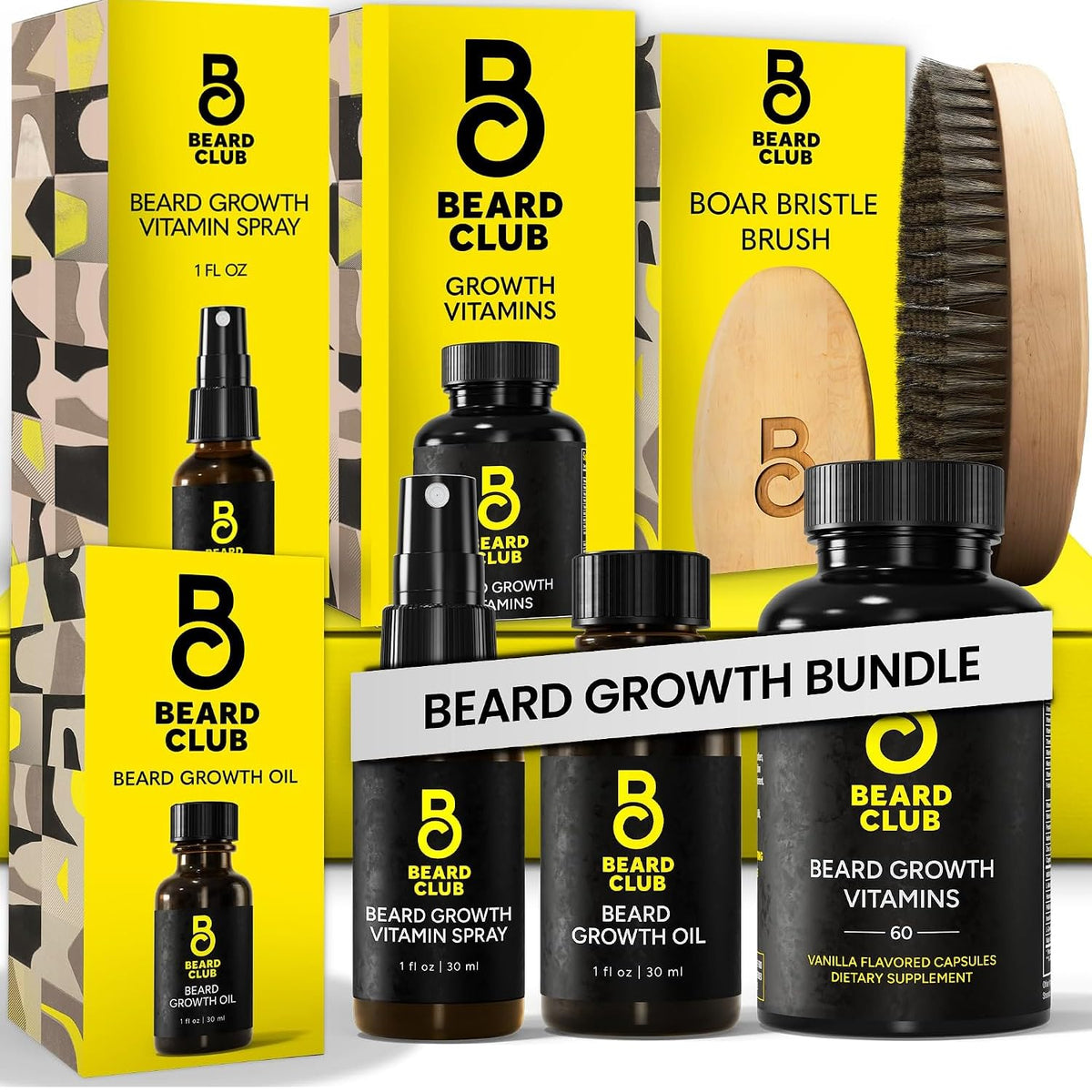 The Beard Club Premium Beard Growth Kit with oil, vitamins, and brush