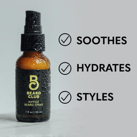 The Beard Club Riptide Beard Softening Spray in a grooming setup