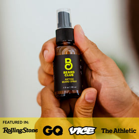 The Beard Club Riptide Beard Softening Spray on a wooden table
