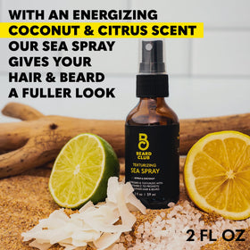 The Beard Club Sea Salt Texture Spray on a bathroom shelf
