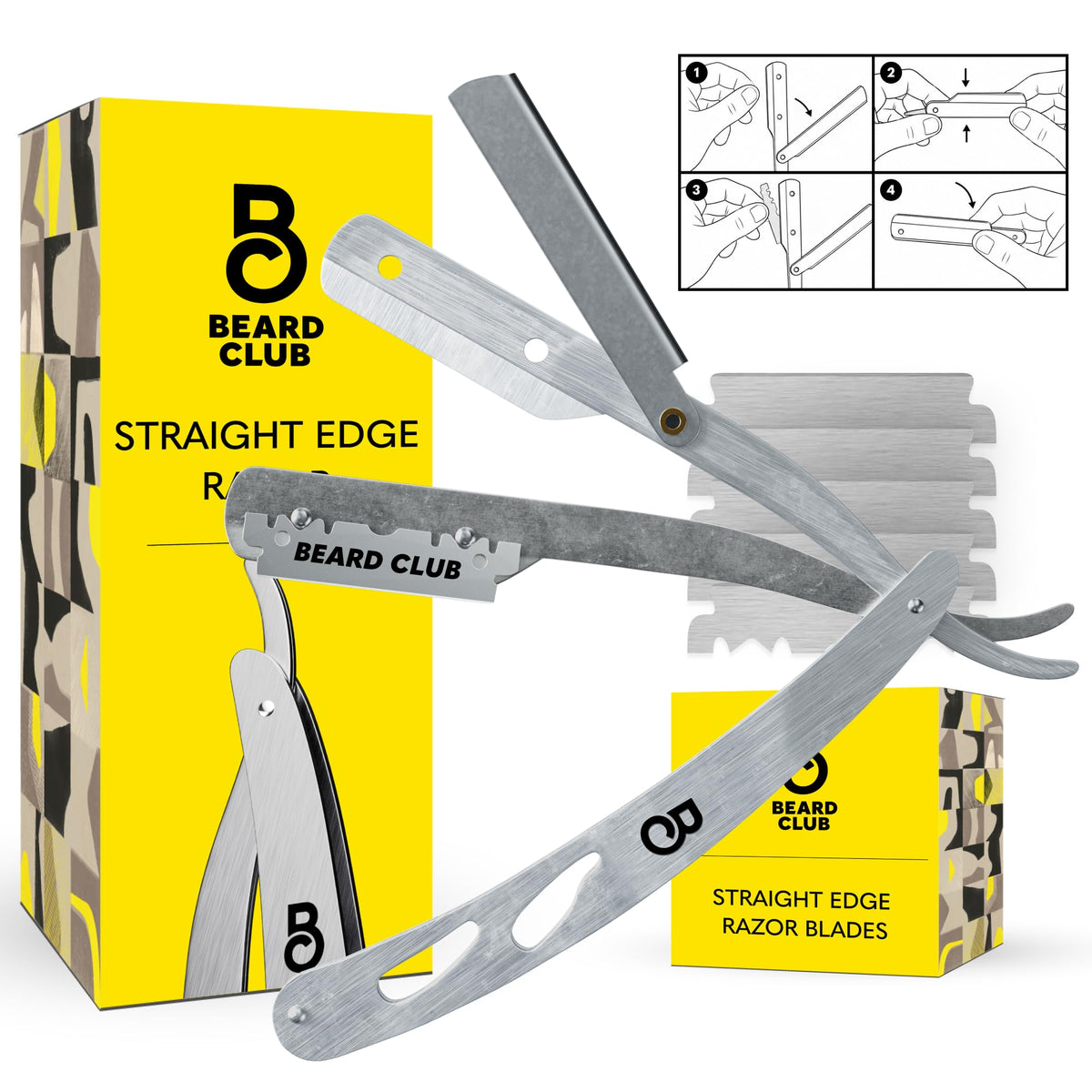 The Beard Club Straight Razor Kit with 5 replaceable blades front view