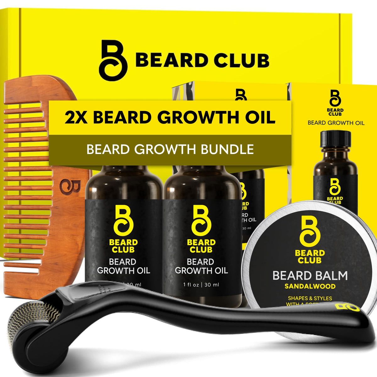 The Beard Club support Beard Growth Kit front view including derma roller, oil, balm, and comb