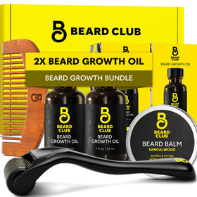 The Beard Club support Beard Growth Kit front view including derma roller, oil, balm, and comb