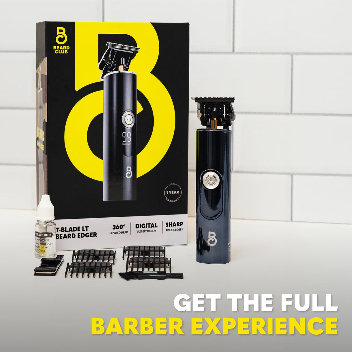 The Beard Club T-Blade Beard Trimmer on a grooming station