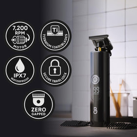 The Beard Club T-Blade Beard Trimmer side view showing LED display