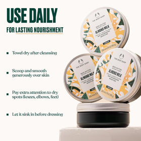 The Body Shop Body Butter Almond Milk 200ml in a bathroom setting