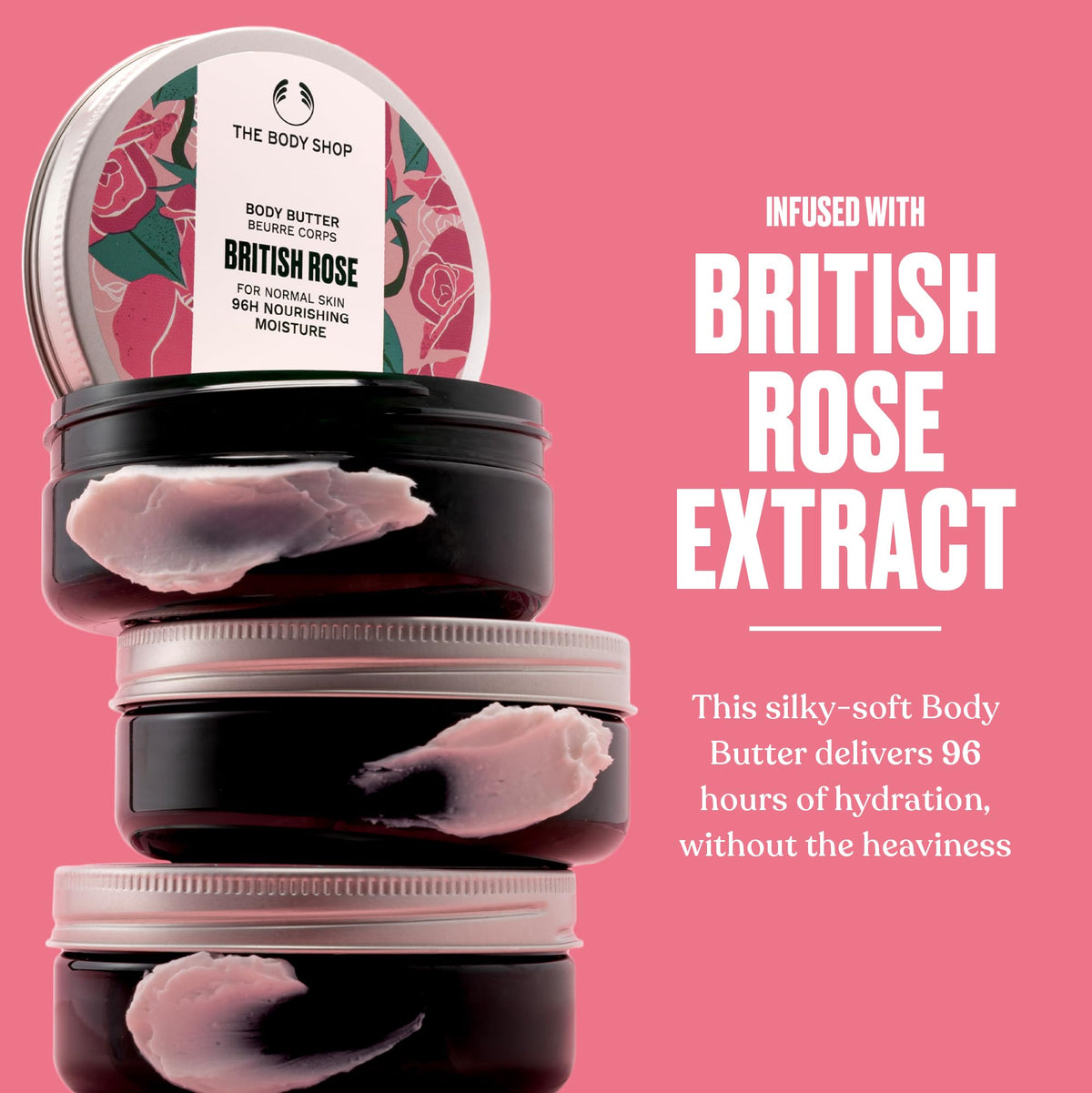 The Body Shop British Rose Body Butter 240g lid and packaging