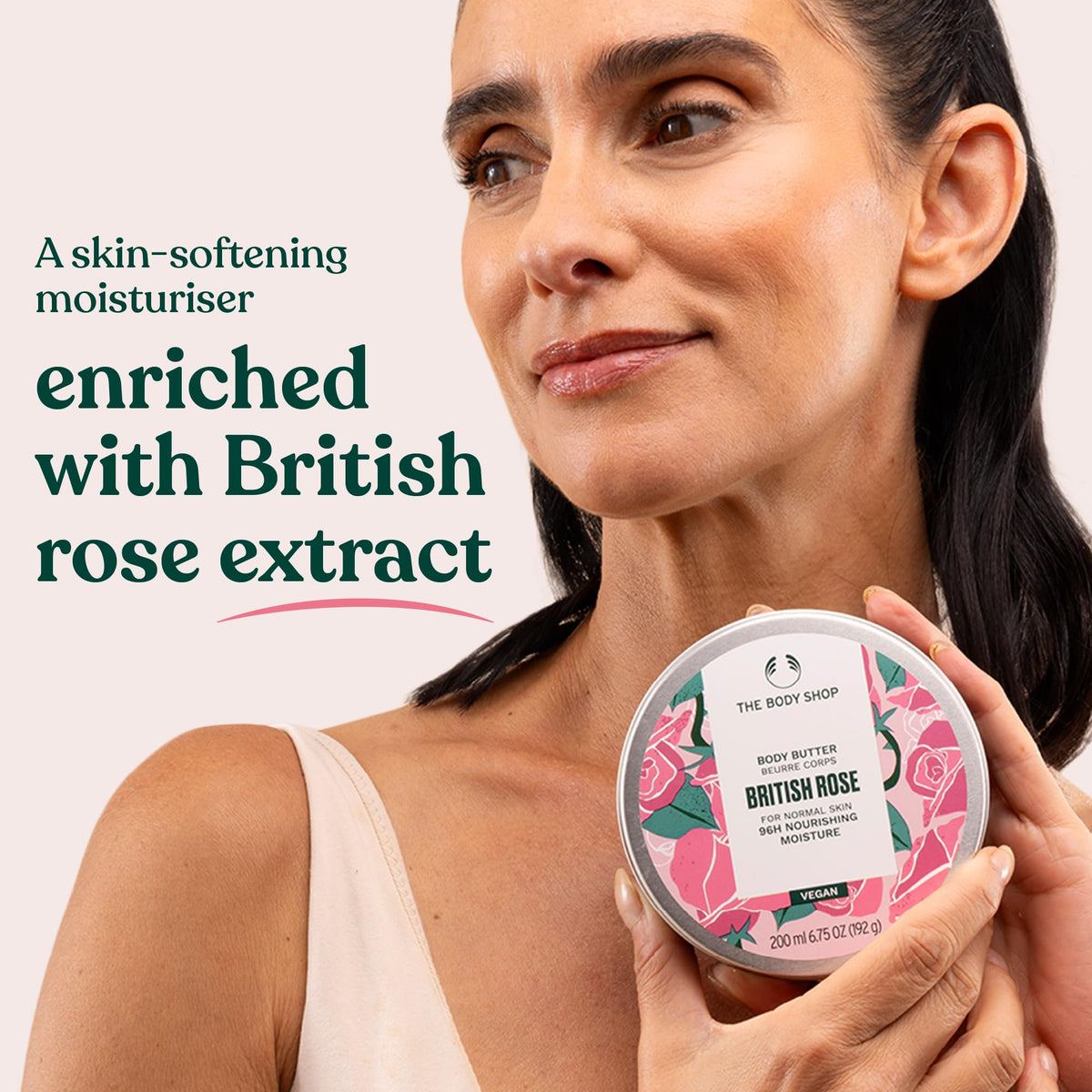 The Body Shop British Rose Body Butter with floral background