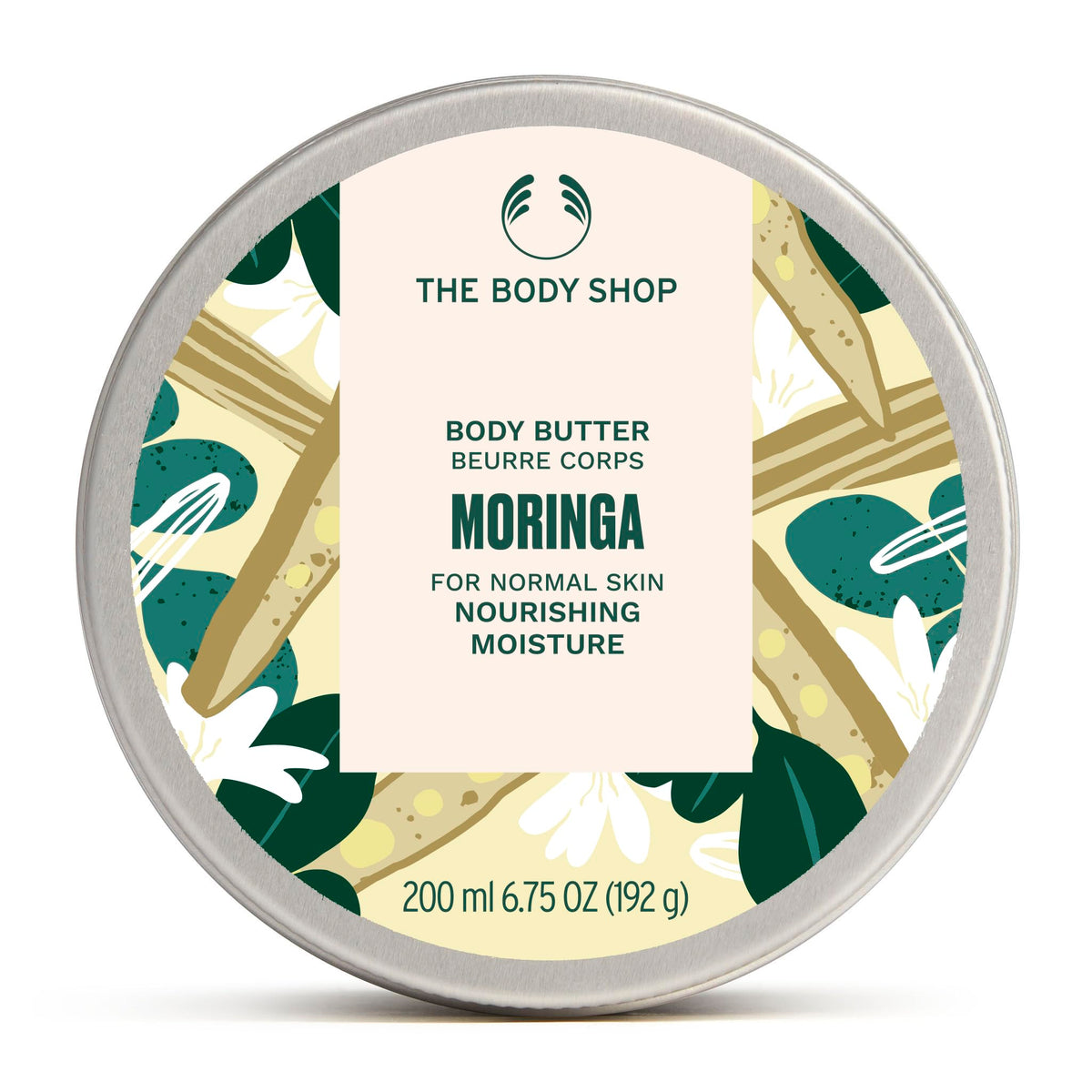 The Body Shop Moringa Body Butter 240g front view with floral design