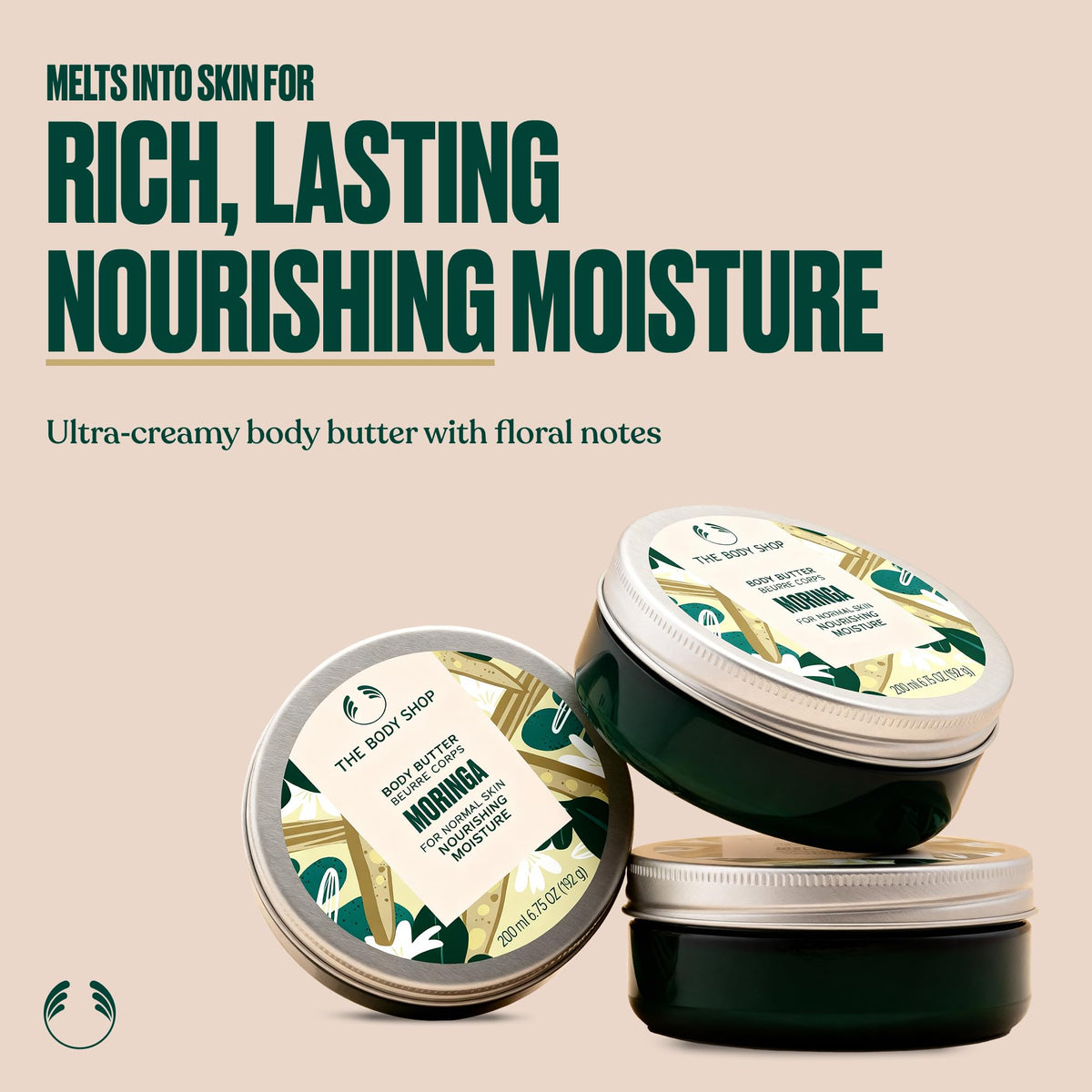 The Body Shop Moringa Body Butter 240g open lid showing creamy texture