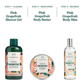 The Body Shop Pink Grapefruit Body Butter on a bathroom shelf