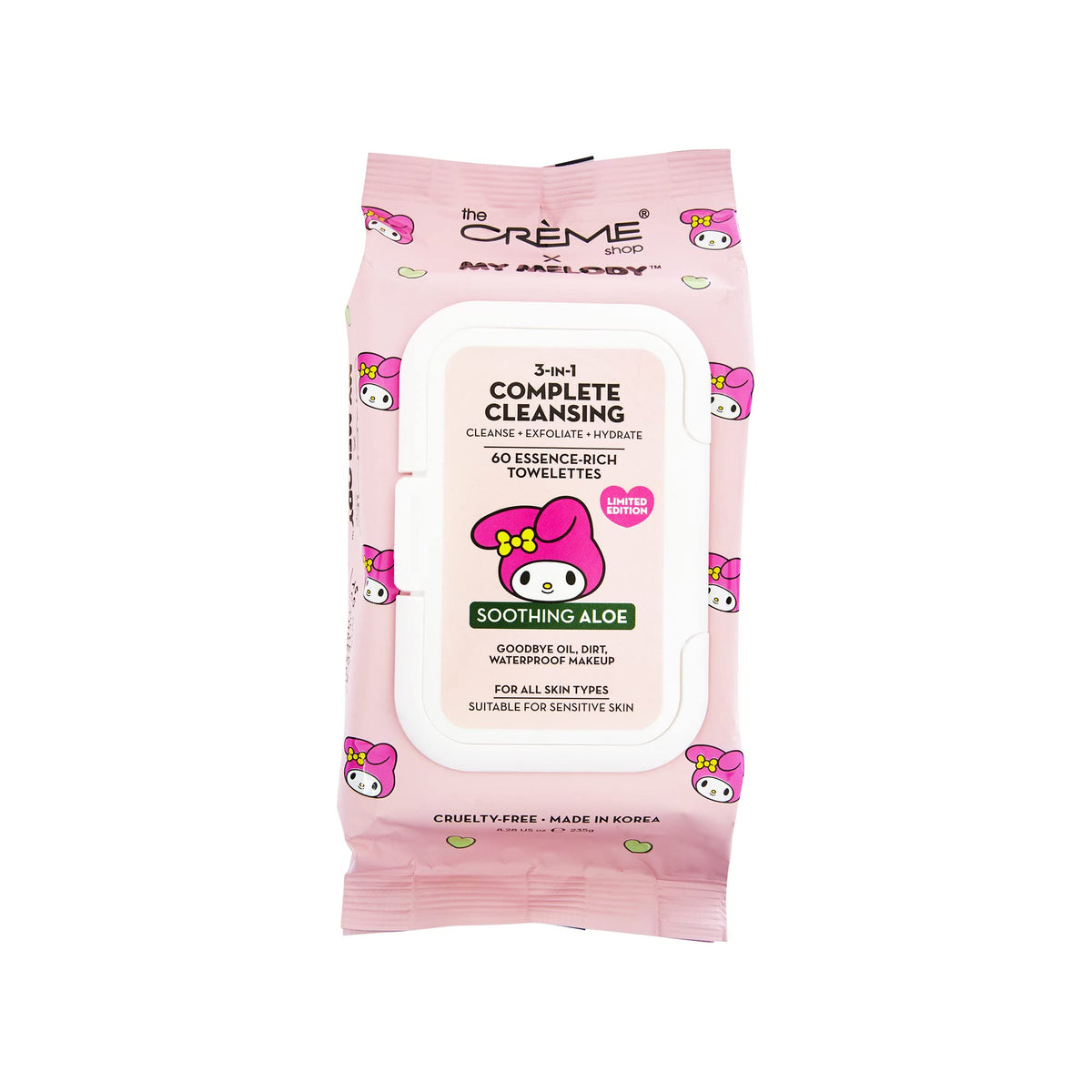 The Crème Shop My Melody 3-IN-1 Cleansing Towelettes front view with packaging