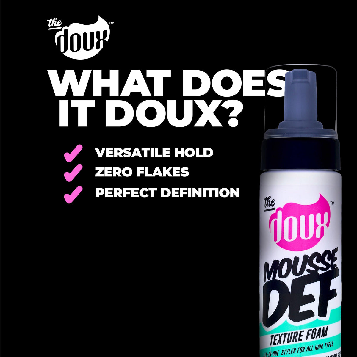 The Doux MOUSSE DEF Texture Foam 7 oz with curls styled