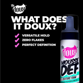 The Doux MOUSSE DEF Texture Foam 7 oz with curls styled