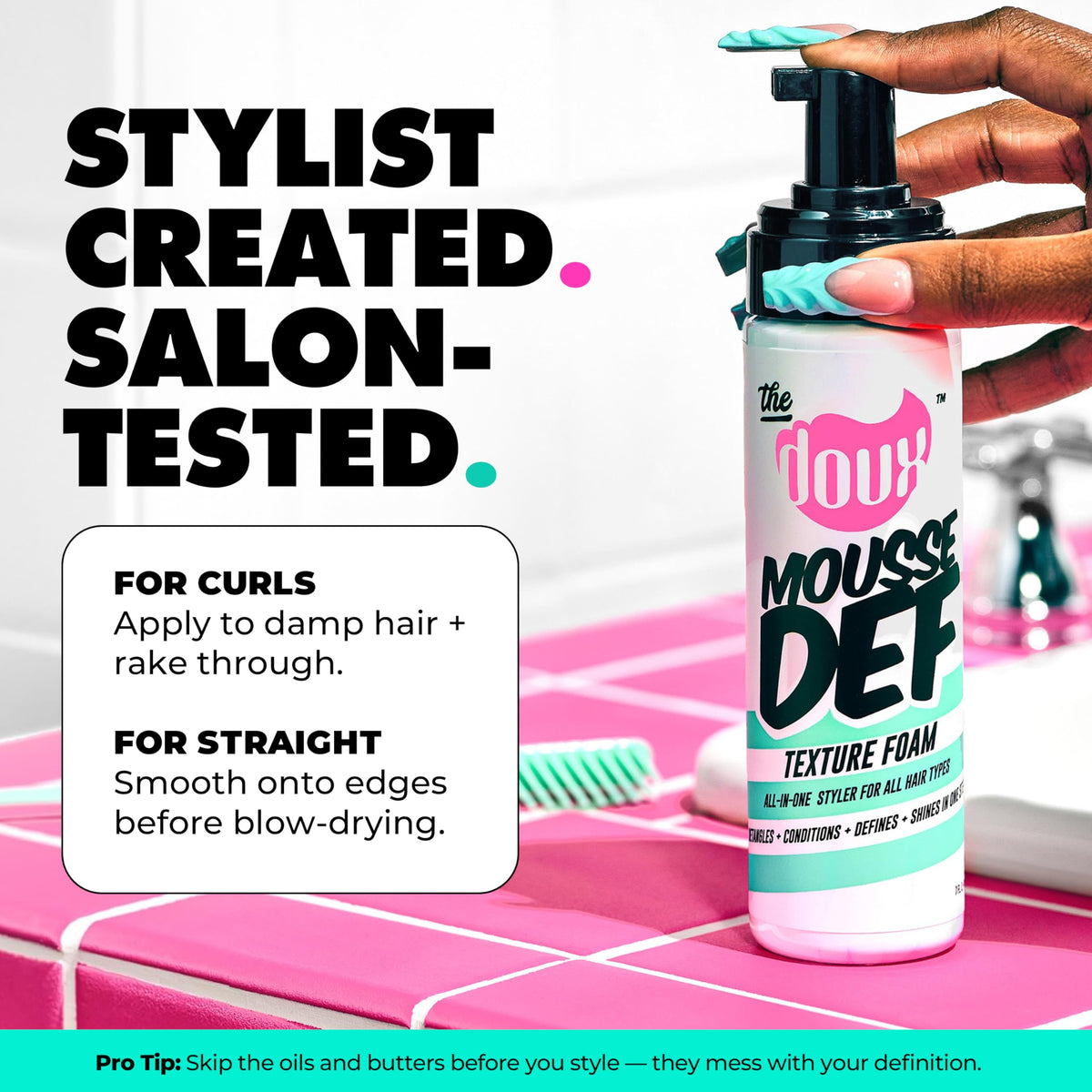 The Doux MOUSSE DEF Texture Foam 7 oz with curls styled