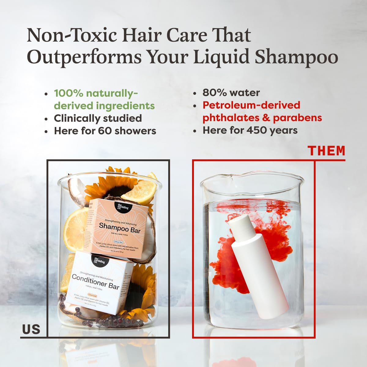 The Earthling Co. Volumizing Shampoo & Conditioner Bar Set on a bathroom counter