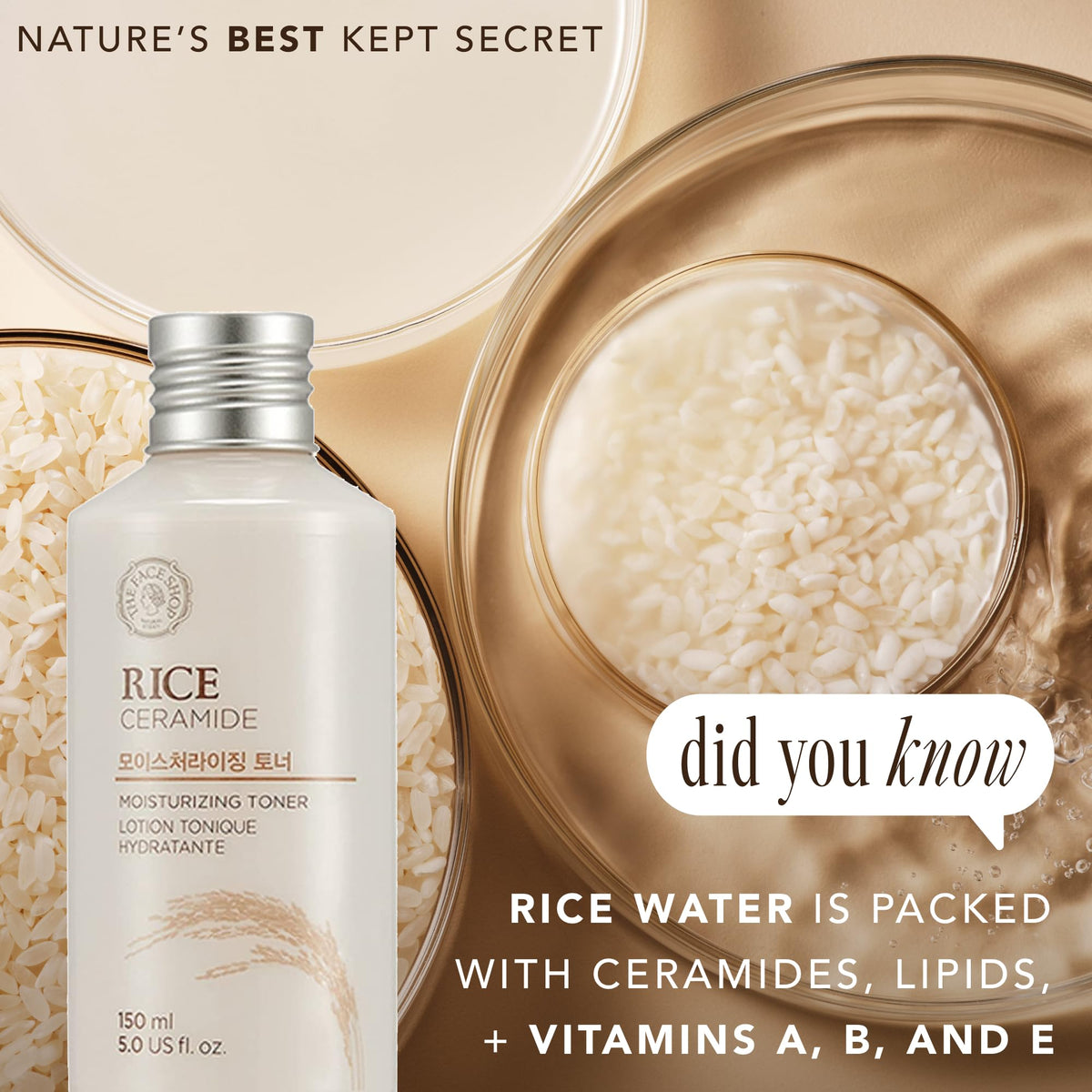 The Face Shop Rice Ceramide Moisturizing Toner with rice grains