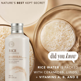 The Face Shop Rice Ceramide Moisturizing Toner with rice grains