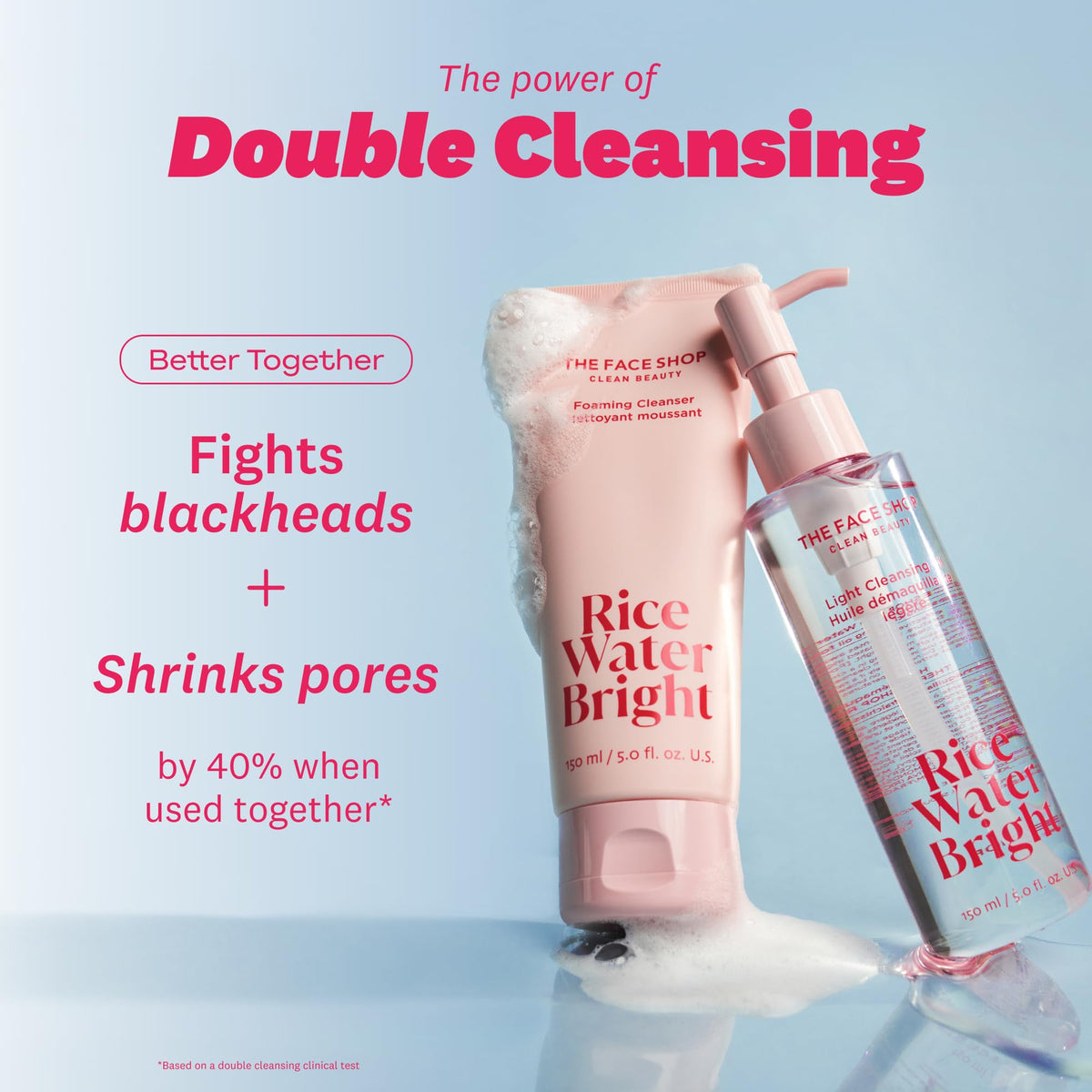 The Face Shop Rice Water Bright Cleansing Duo Set on a bathroom counter