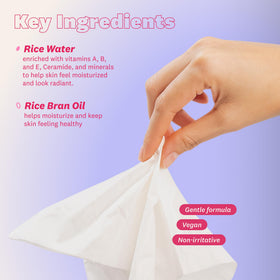 The Face Shop Rice Water Bright Cleansing Wipes displayed with skincare products