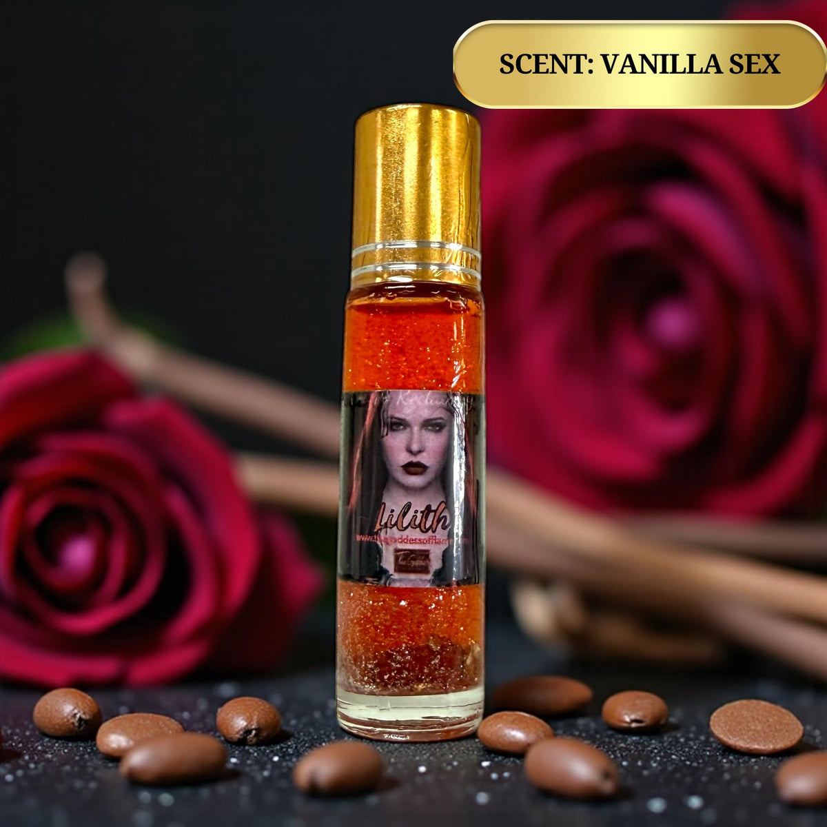 The Goddess of Flame Lilith Roll-On Oil 10ml on a wooden table