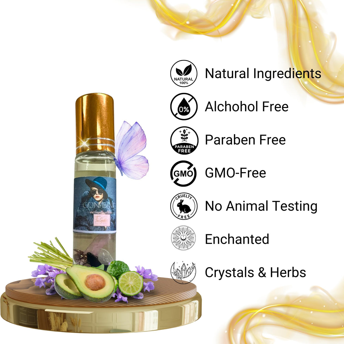 The Goddess of Flame Roll-On Oil 10ml in a lifestyle setting with crystals