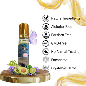 The Goddess of Flame Roll-On Oil 10ml in a lifestyle setting with crystals