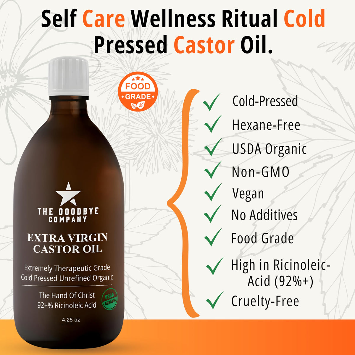 The Goodbye Company Organic Castor Oil 4.25oz glass bottle side view