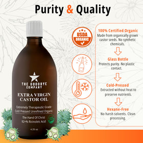 The Goodbye Company Organic Castor Oil 4.25oz on a bathroom counter