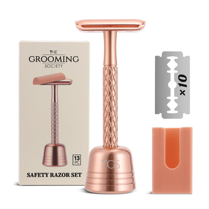 THE GROOMING SOCIETY rose gold double edge safety razor with stand