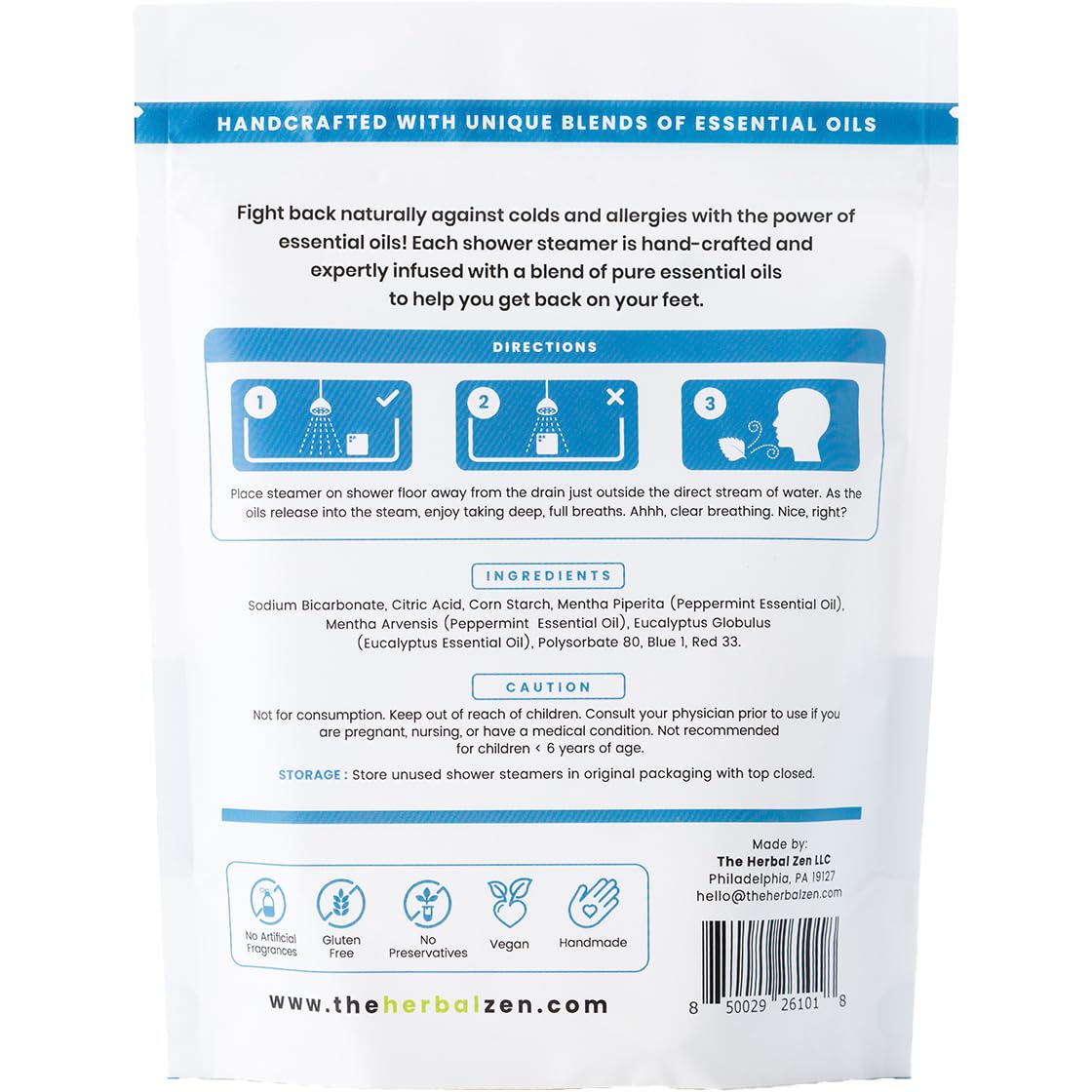 The Herbal Zen Cold Kicker Shower Steamers product details on the back