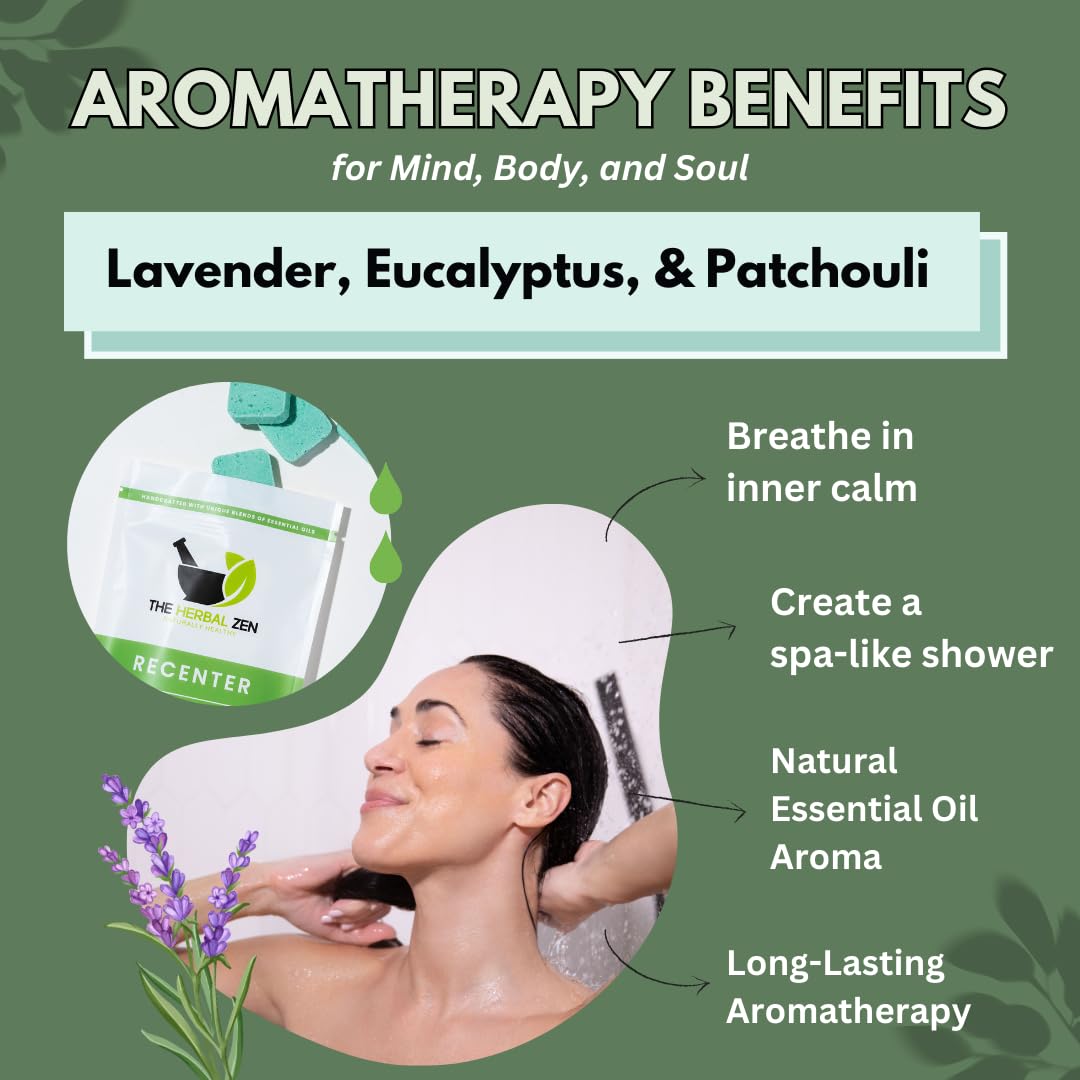 The Herbal Zen Recenter Shower Steamers in a bathroom setting