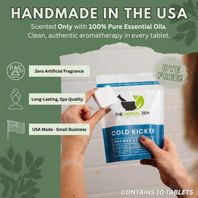 The Herbal Zen Shower Steamers displayed with eucalyptus leaves