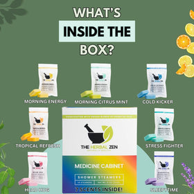 The Herbal Zen Shower Steamers packaging showing essential oil blends